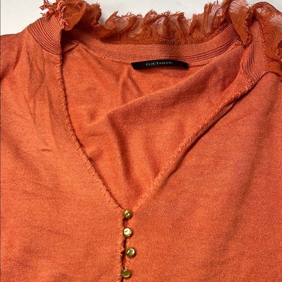 Elie Tahari Coral Orange Ruffled 3/4 Sleeve Blouse Size XS Cashmere COTTAGECORE - Picture 3 of 8